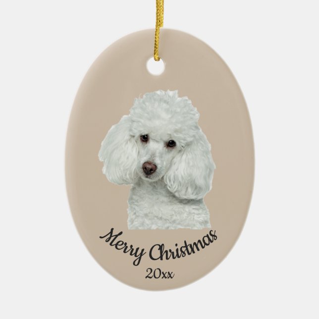 Dated Custom Photo Christmas Poodle Dog  pet Ceramic Tree Decoration (Front)