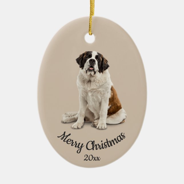 Dated Custom Photo Christmas St. Bernard Dog Pet Ceramic Tree Decoration (Front)