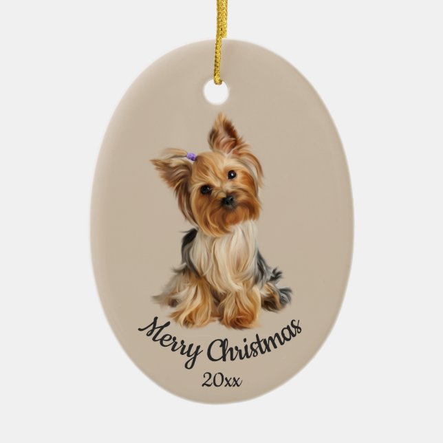 Dated Custom Photo Christmas Yorkie Dog pet  Ceramic Tree Decoration (Front)