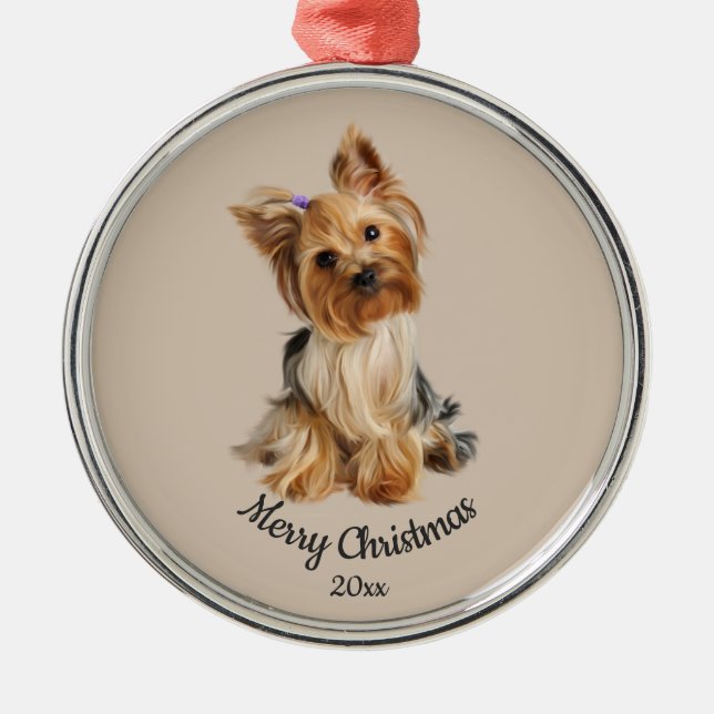 Dated Custom Photo Christmas Yorkie Dog pet Metal Tree Decoration (Front)