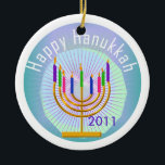 Dated Happy Hanukkah Keepsake Ornament<br><div class="desc">Beautiful Hanukkah ornament with nine candle menorah reads "Happy Hanukkah"! You can easily add the current year to this keepsake Happy Hanukkah keepsake!</div>