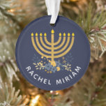 Dated Keepsake Baby's First Hanukkah | Blue & Gold Ornament<br><div class="desc">Nautical Boutique Co.'s keepsake design features baby's name and a watercolor menorah with a flower bouquet on the front side and the year and "First Hanukkah" on the reverse side. If you prefer a different background colour,  choose the customise option. #Hanukkah #FirstHanukkah #GiftIdeas</div>