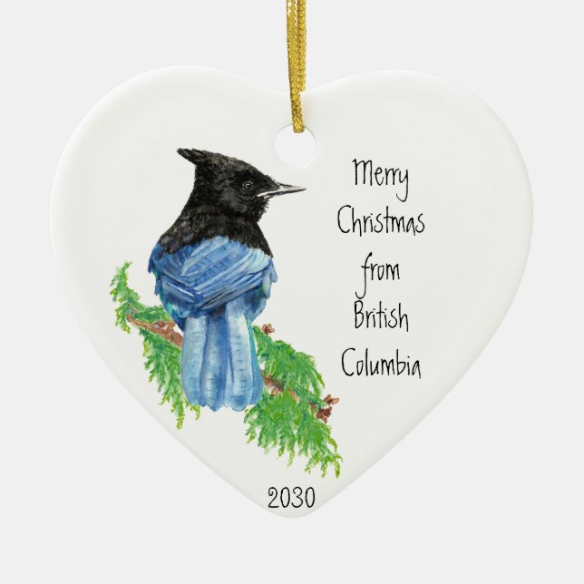 Dated Merry Christmas British Columbia Jay Bird Ceramic Tree Decoration (Front)