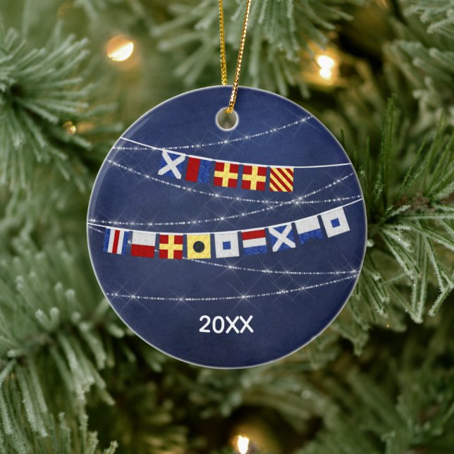 Dated Nautical Merry Christmas Signal Flag Ceramic Tree Decoration (Tree)