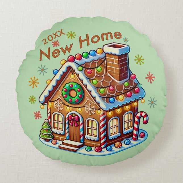 Dated New Home Gingerbread House Round Cushion (Front)
