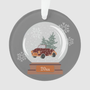 Dated Snow Globe with Red Car & Tree, Personalised Ornament