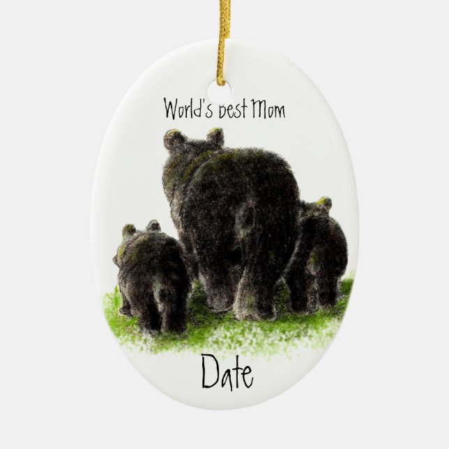 Dated, World's Best Mum Cute Black Bear Ceramic Tree Decoration (Front)