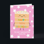 Daughter 10th Birthday Cute Pink Cake Custom Card<br><div class="desc">Celebrate your daughter's big day with this adorable 10th birthday card featuring a cute smiling cake character illustration, colourful sprinkles, and a cheerful “Happy Birthday” message. Set against a playful pink star background, this card is perfect for kids who love fun, silly, and sweet designs. Personalise it with your child’s...</div>