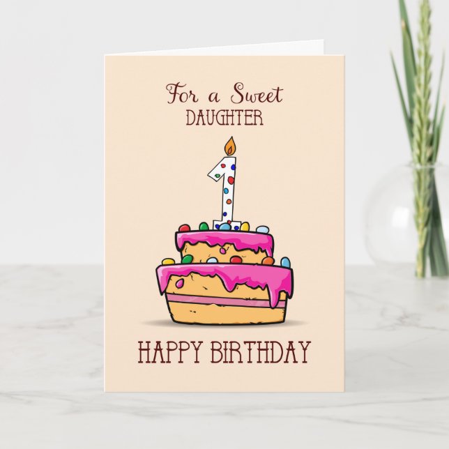 Daughter 1st Birthday, 1 on Sweet Pink Cake Card (Front)
