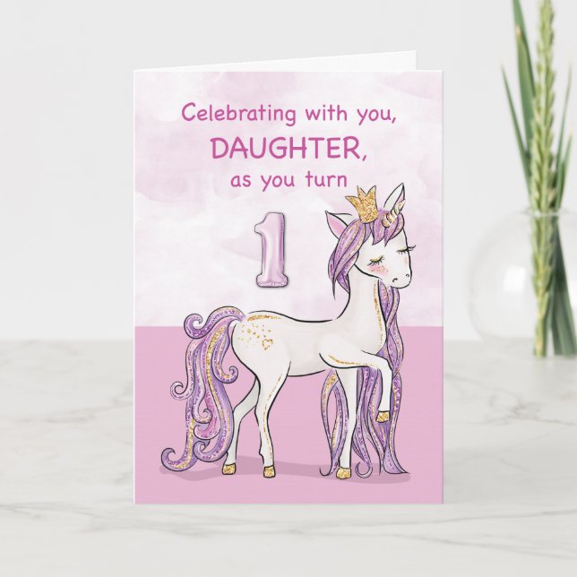 Daughter 1st Birthday Pink Horse With Crown Card (Front)