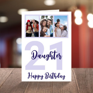 Daughter 21st Birthday Purple Script Photo Collage Card