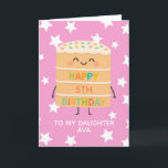 Daughter 5th Birthday Cute Pink Cake Custom Card<br><div class="desc">Celebrate your daughter's big day with this adorable 5th birthday card featuring a cute smiling cake character illustration, colourful sprinkles, and a cheerful “Happy Birthday” message. Set against a playful pink star background, this card is perfect for kids who love fun, silly, and sweet designs. Personalise it with your child’s...</div>