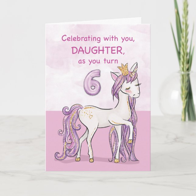 Daughter 6th Birthday Pink Horse With Crown Card (Front)
