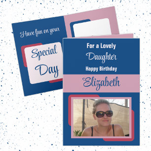 Daughter add name photo blue pink birthday card