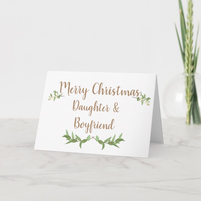 Daughter and Boyfriend Green Leaves Christmas Holiday Card (Front)