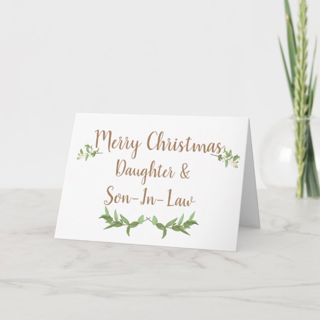 Daughter and Son In Law Green Leaves Christmas Holiday Card (Front)