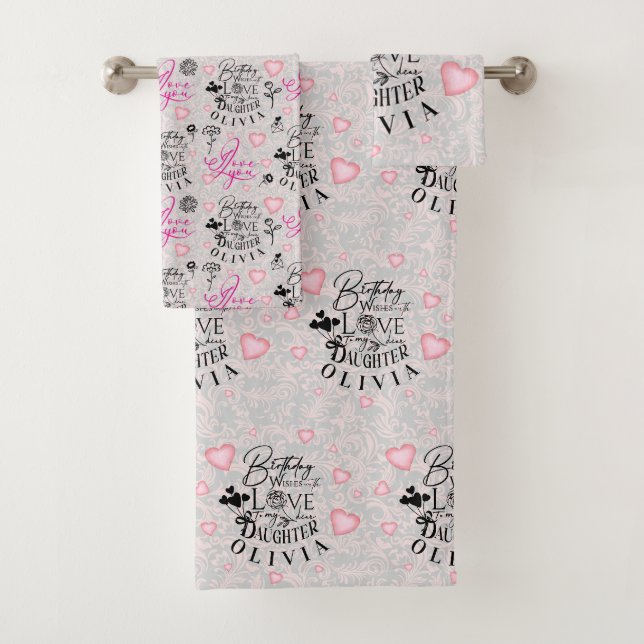 Daughter  Birthday Calligraphy Custom Name  Modern Bath Towel Set (Insitu)