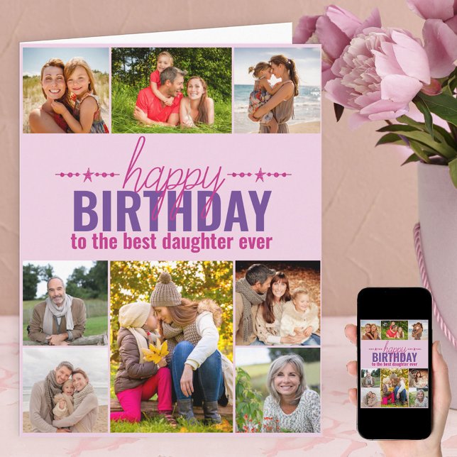 Daughter Birthday Photo Collage Personalised Pink Card (Creator Uploaded)
