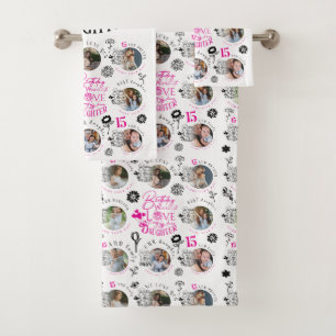 Daughter Birthday Photo Collage Typography Bath Towel Set