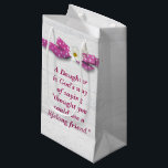 Daughter Birthday with Polka Dot Ribbon  Small Gift Bag<br><div class="desc">Daughter quote with pink and white polka dot ribbon and cosmos flower on light grey rustic barn wood.
Text can be edited.</div>