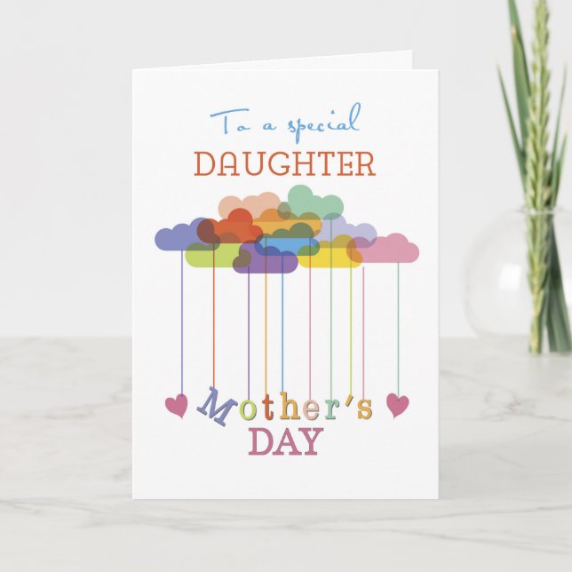 Daughter, Cute Mother's Day Rainbow Clouds Hearts Card (Front)