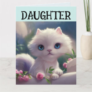 DAUGHTER CUTE WHITE CAT BIRTHDAY Greeting Card