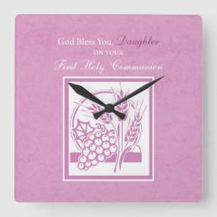 Daughter First Communion, Pink Square Wall Clock