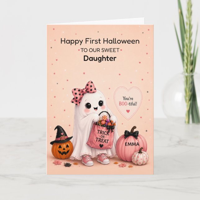 Daughter First Halloween Custom Name Cute Ghost Card (Front)