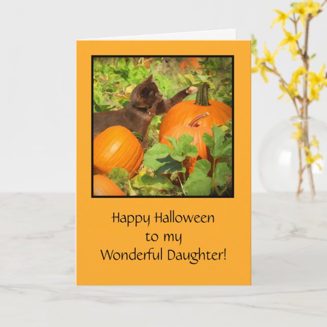 Daughter Happy Halloween with Kitten and Pumpkins Card (Yellow Flower)