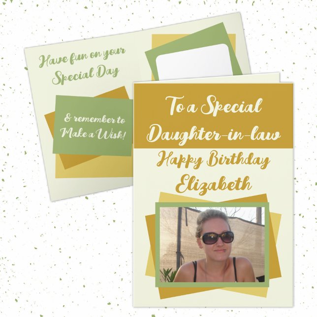 Daughter-in-law photo name gold green birthday card (Creator Uploaded)
