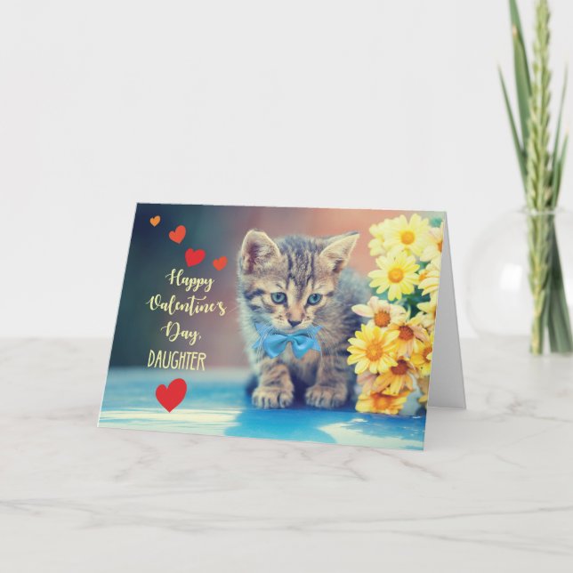 Daughter Love Valentine Kitten with Yellow Daisies Card (Front)