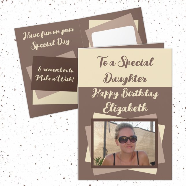 Daughter photo name brown cream birthday card (Creator Uploaded)