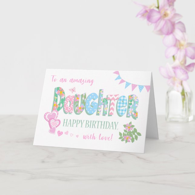 Daughter's Birthday with Dog Roses Hearts Bunting Card (Orchid)