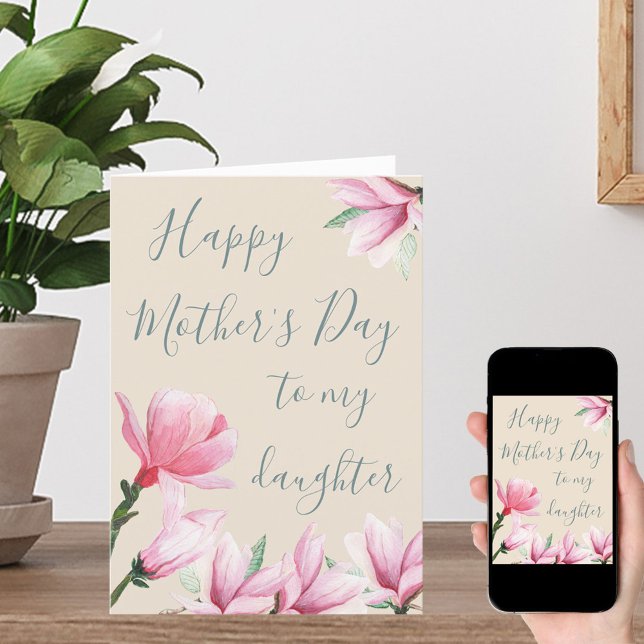 Daughters Mothers Day Pink Magnolia Flowers Holiday Card (Creator Uploaded)