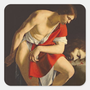 David contemplating the head of Goliath Square Sticker