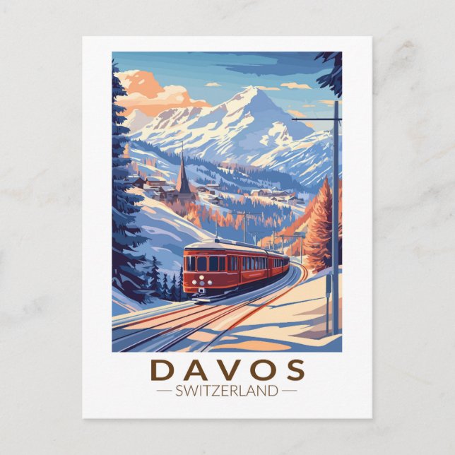Davos Switzerland Train Travel Art Vintage Postcard (Front)