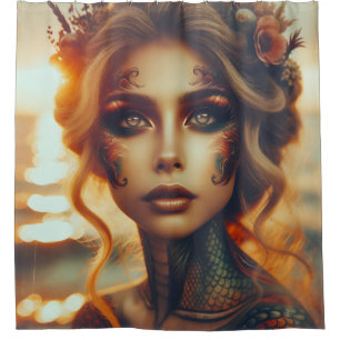  "Dawn’s Radiance: Mermaid Tattoos" Shower Curtain