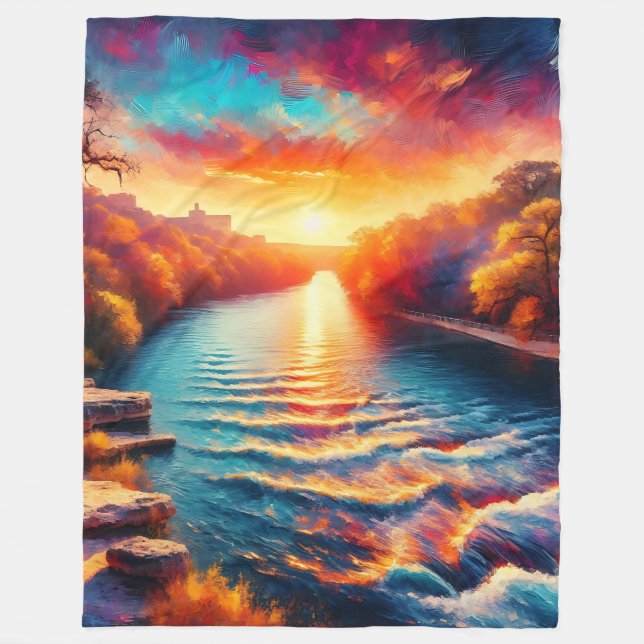 "Dawn’s Tranquil Embrace: Comal River Sunrise" Fleece Blanket (Front)