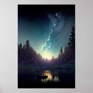 Dawn's Arrival in Starry Forest Lake Poster