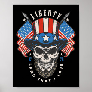Day 4th July Usa Flag America Liberty Skull  Poster