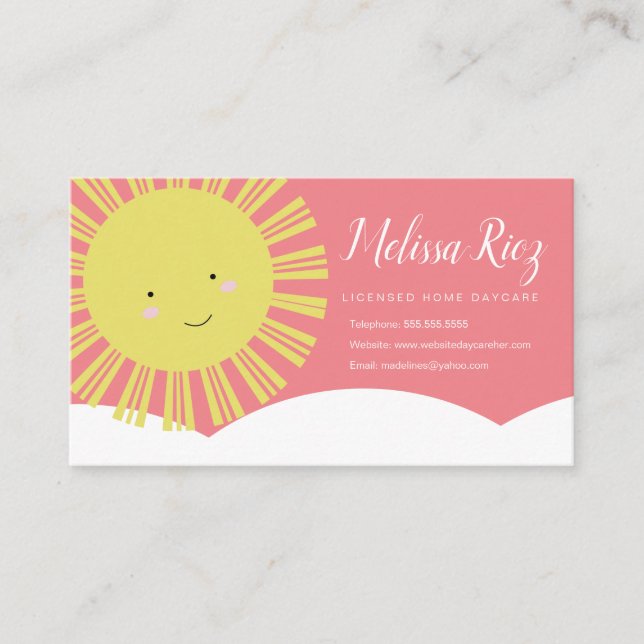 Day Care Children's Babysitter Sun Pink Business Card (Front)