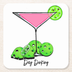 Day Dinking Cosmo Pink Cocktail, Pickleball Limes Square Paper Coaster