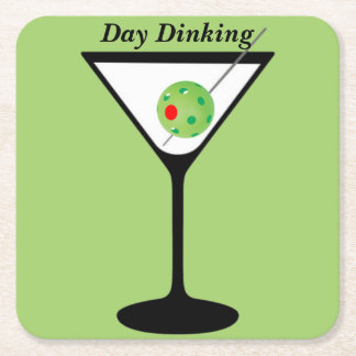 Day Dinking - Pickleball Martini Olive Pickleball Square Paper Coaster
