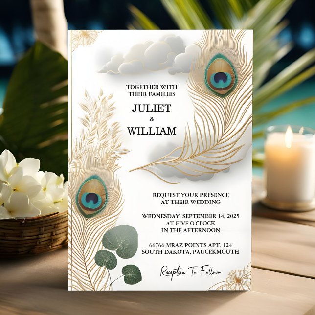 Day Feather Rustic Asian Sky Cloud Peacock Wedding Invitation (Creator Uploaded)
