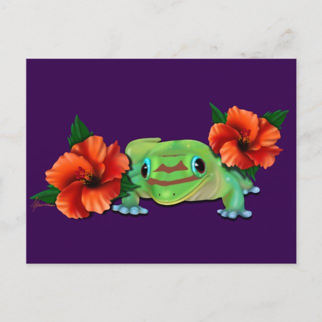 Day Gecko With Hibiscus  Announcement Postcard (Front)