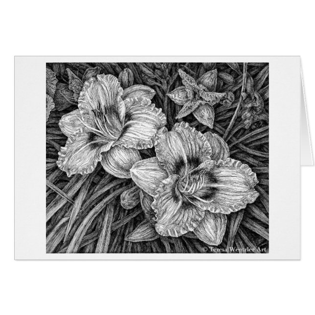 Day Lilies Pen and Ink Drawing Card (Front Horizontal)