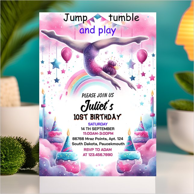 day modern cute Jump girl gymnastics 10th birthday Invitation (Creator Uploaded)