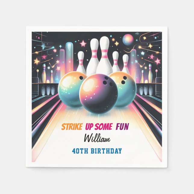 Day Neon Boy Kids Team Event Bowling 21st Birthday Napkin (Front)