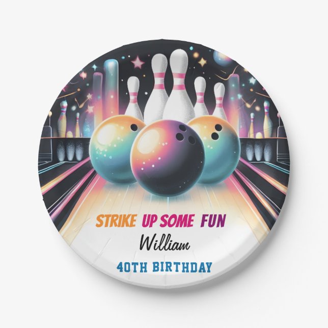 Day Neon Boy Kids Team Event Bowling 21st Birthday Paper Plate (Front)