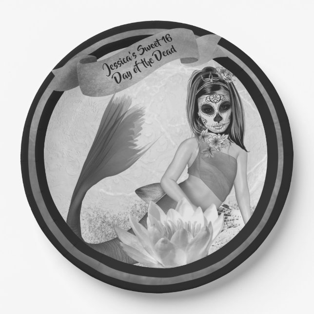 Day of Dead Party Sugar Skull Mermaid Goth Paper Plate (Front)